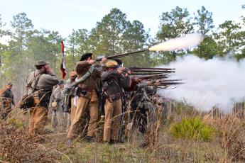 Confederate soldiers fire at Union troops during the 2018 Battle of Olustee Re-enactment on the site of the original 1864 battle. The re-enactment and Olustee Battle Festival, which is held in Lake City, are set for mid-February. (FILE)