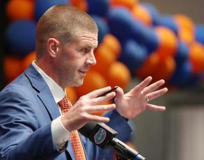 Florida coach Billy Napier discusses his new job with the Gators during his Dec. 5 introductory press conference. (STEPHEN M. DOWELL/Orlando Sentinel/TNS)