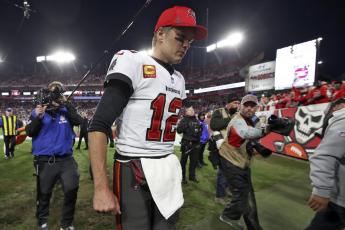 Tampa Bay Buccaneers quarterback Tom Brady leaves the field after the team lost to the Los Angeles Rams in a divisional playoff game on Jan. 23 in Tampa. (MARK LOMOGLIO/Associated Press)