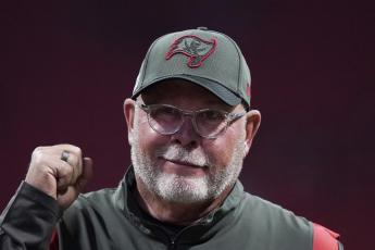 Tampa Bay Buccaneers coach Bruce Arians walks along the sideline before his team's game against the Atlanta Falcons on Dec. 5, 2021, in Atlanta. (AP File)
