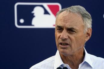 Major League Baseball Commissioner Rob Manfred speaks during a news conference after negotiations with the players' association toward a labor deal on Tuesday at Roger Dean Stadium in Jupiter (WILFREDO LEE/Associated Press)