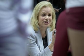 Florida State coach Sue Semrau talks during a timeout in the first half of a First Four game against Missouri State in the NCAA women's tournament on March 17 in Baton Rouge, La. (MATTHEW HINTON/Associated Press)