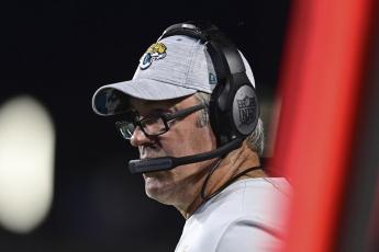 Jacksonville Jaguars coach Doug Pederson watches from the sideline during the first half of the team's Hall of Fame Game against the Las Vegas Raiders on Aug. 4 in Canton, Ohio. (DAVID DERMER/Associated Press)