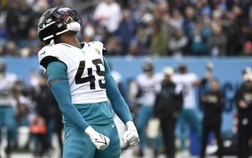 Jacksonville Jaguars defensive end Arden Key celebrates after sacking Tennessee Titans quarterback Ryan Tannehill on Sunday in Nashville, Tenn.