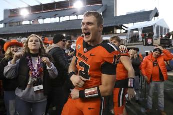Oregon State linebacker Jack Colletto (12) celebrates after his team's win over Oregon on Nov 26 in Corvallis, Ore. (AMANDA LOMAN/Associated Press)