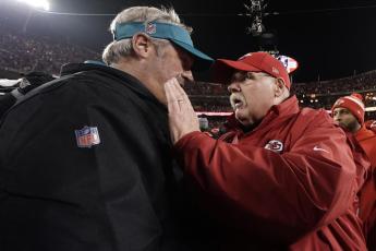 Kansas City Chiefs head coach Andy Reid speaks with Jacksonville Jaguars head coach Doug Pederson after their divisional playoff game on Saturday in Kansas City, Mo. The Kansas City Chiefs won 27-20. (ED ZURGA/Associated Press)
