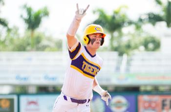 Columbia catcher Hayden Gustavson celebrates heading toward third base after hitting a home run against American Heritage in the Class 5A state semifinals on Monday at Hammond Stadium in Fort Myers. (JESSICA PILAND/Special to the Reporter)