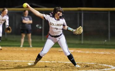 Columbia pitcher Kinley King winds up to pitch against Lafayette on March 7. (BRENT KUYKENDALL/Lake City Reporter)