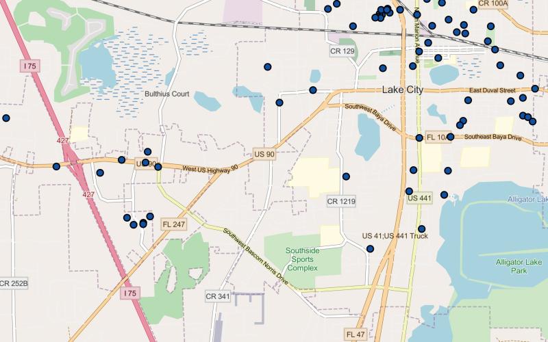 A map produced by the Lake City Police Department shows the approximate locations of discharged firearms since the beginning of the year through Thursday. 94 incidents have been reported since Jan. 1, 2021.