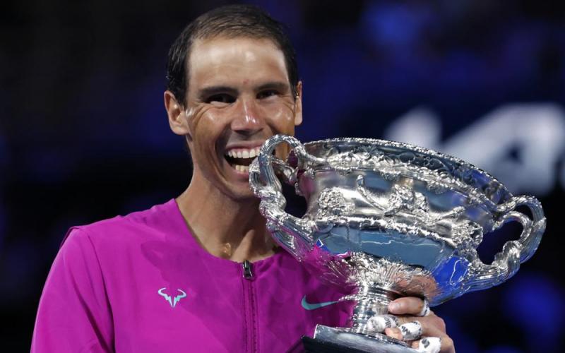 Rafael Nadal holds the Norman Brookes Challenge Cup after defeating Daniil Medvedev in the men's singles final at the Australian Open on Saturday in Melbourne, Australia. (HAMISH BLAIR/Associated Press/Associated Press)