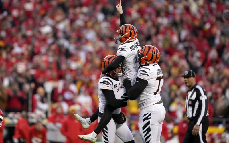 Cincinnati Bengals kicker Evan McPherson (2) celebrates with teammates after kicking a 31-yard field goal during overtime in the AFC championship game to beat the Kansas City Chiefs on Sunday in Kansas City, Mo. The Bengals won 27-24. (ERIC GAY/Associated Press)