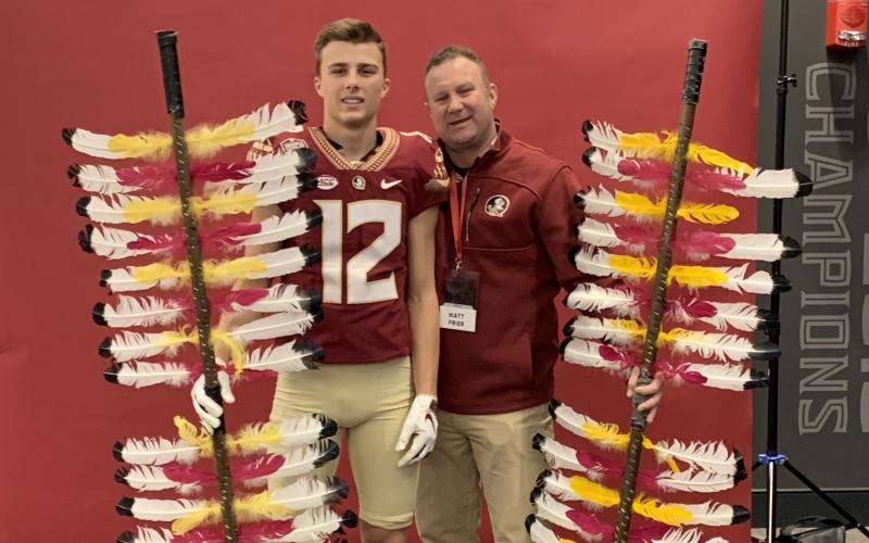Suwannee receiver/outfielder Camdon Frier is pictured on his visit to Florida State with his father, Matt. (COURTESY)