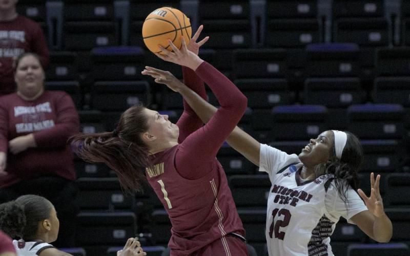 Florida State center River Baldwin (1) shoots against Missouri State forward Jennifer Ezeh (12) during their First Four game in the NCAA tournament on Thursday in Baton Rouge, La. (MATTHEW HINTON/Associated Press)