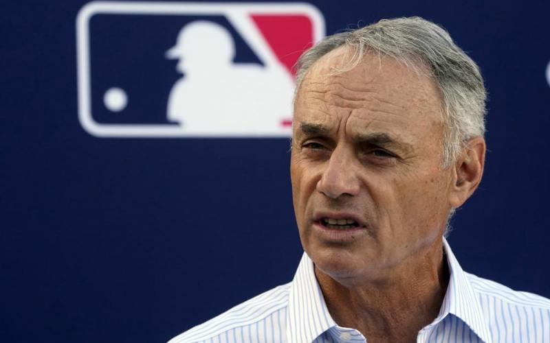 Major League Baseball Commissioner Rob Manfred speaks during a news conference after negotiations with the players' association toward a labor deal on Tuesday at Roger Dean Stadium in Jupiter (WILFREDO LEE/Associated Press)