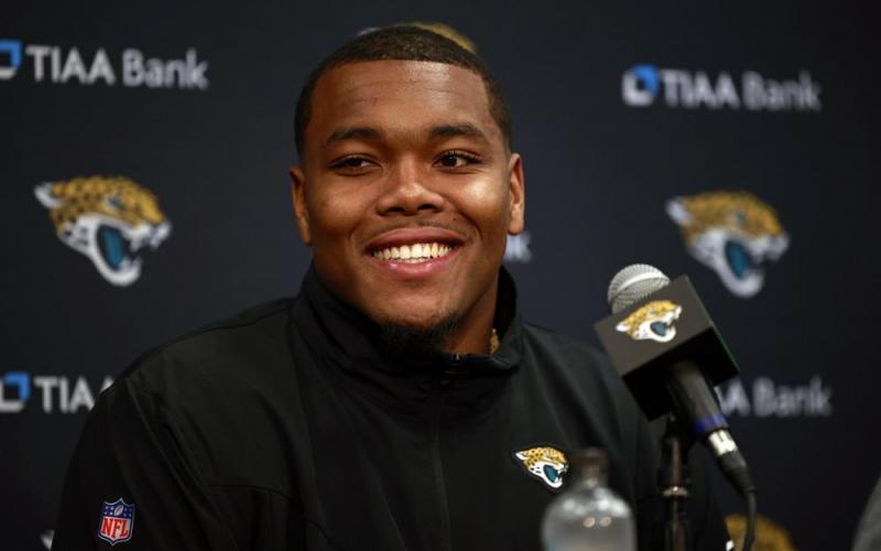 Travon Walker, the Jacksonville Jaguars first round pick and No. 1 overall in the NFL draft, smiles during a press conference on April 29 at TIAA Bank Field in Jacksonville. (COREY PERRINE/The Florida Times-Union via AP)