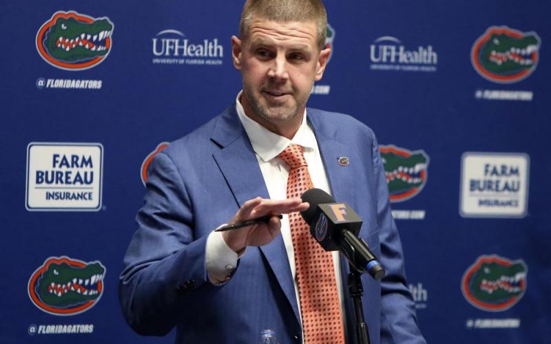 Florida head football coach Billy Napier speaks to the media during his introductory news conference at Ben Hill Griffin Stadium on Dec. 5, 2021, in Gainesville. (BRAD MCCLENNY/The Gainesville Sun via AP)