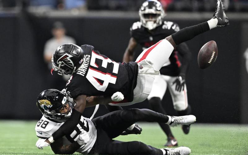 Atlanta Falcons cornerback Matt Hankins breaks up a pass against Jacksonville Jaguars receiver Jeff Cotton Jr. (88) during Saturday’s preseason game in Atlanta. (DANNY KARNIK/Associated Press)