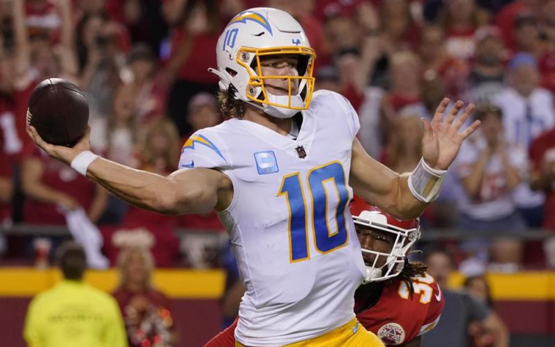 Los Angeles Chargers quarterback Justin Herbert throws against the Kansas City Chiefs on Sept. 15 in Kansas City, Mo. (ED ZURGA/Associated Press)