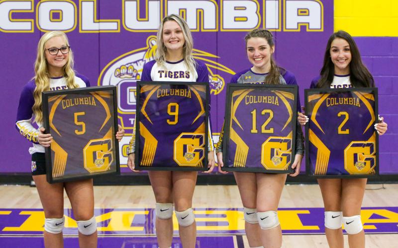 Columbia seniors Bailey Campbell (from left), Madison Glenn, Savannah Bailey and Jaslin Maytin were honored on Senior Night prior to Monday’s match against Fort White . (BRENT KUYKENDALL/Lake City Reporter)