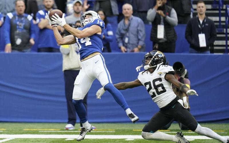 Indianapolis Colts receiver Alec Pierce makes a touchdown reception against Jacksonville Jaguars defensive back Shaquill Griffin during Sunday's game in Indianapolis. (MICHAEL CONROY/Associated Press)