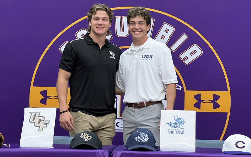 Columbia baseball players Josh Fernald (left) and Carston Palmer (right) signed letters of intent to play in college on Wednesday. Fernald is headed to UCF and Palmer will play at St. Johns River. (COURTESY)