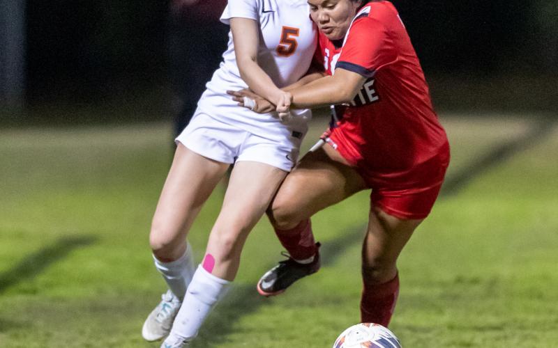 Lafayette’s Jolette Moreno battles with Christ’s Church Academy’s Dani Raulerson during Tuesday’s Region 1-2A quarterfinal. (JACK HOWDESHELL/Special to the Reporter)