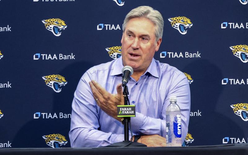 Jacksonville Jaguars head coach Doug Pederson answers a question regarding first-round draft pick offensive lineman Anton Harrison on Friday in Jacksonville. (GARY MCCULLOUGH/Associated Press)