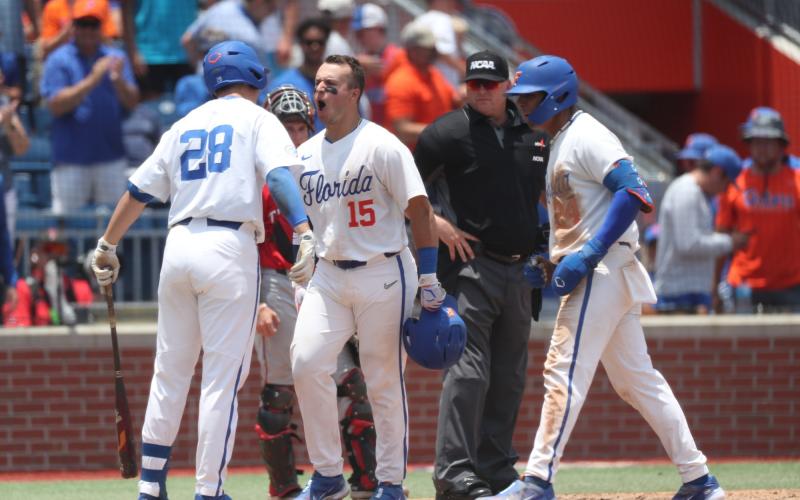 Florida's BT Riopelle (15) celebrates after hitting the first of his two home runs against Texas Tech on Monday at the Gainesville Regional. (Courtesy of UAA Communications)