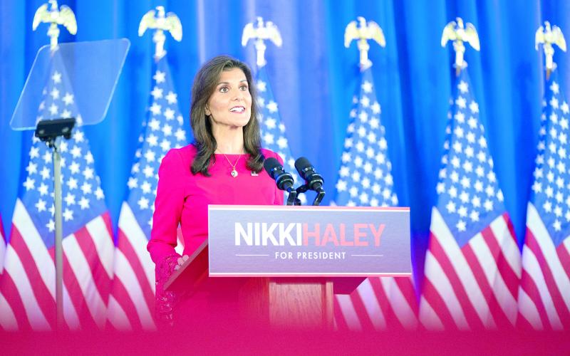 Republican presidential candidate Nikki Haley announces the suspension of her presidential campaign at her campaign headquarters Wednesday in Daniel Island, South Carolina. (SEAN RAYFORD/Getty Images/TNS)