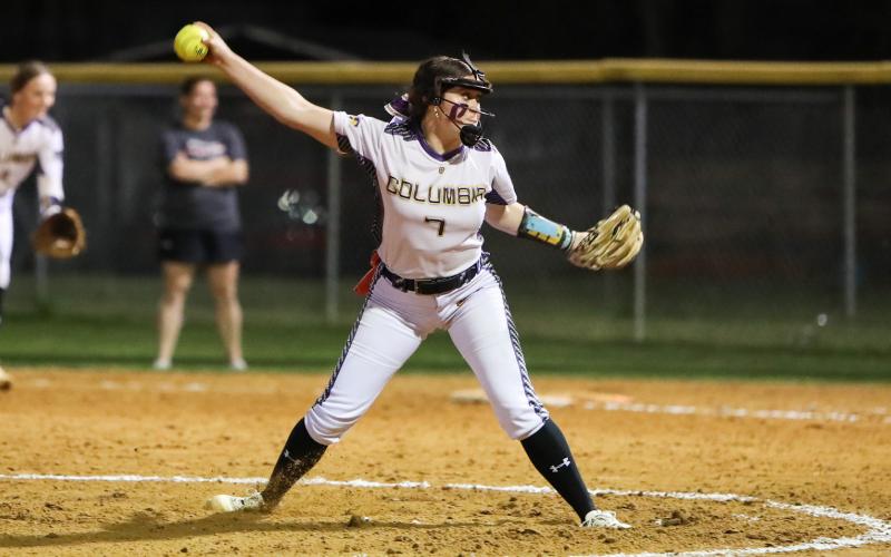 Columbia pitcher Kinley King winds up to pitch against Lafayette on March 7. (BRENT KUYKENDALL/Lake City Reporter)