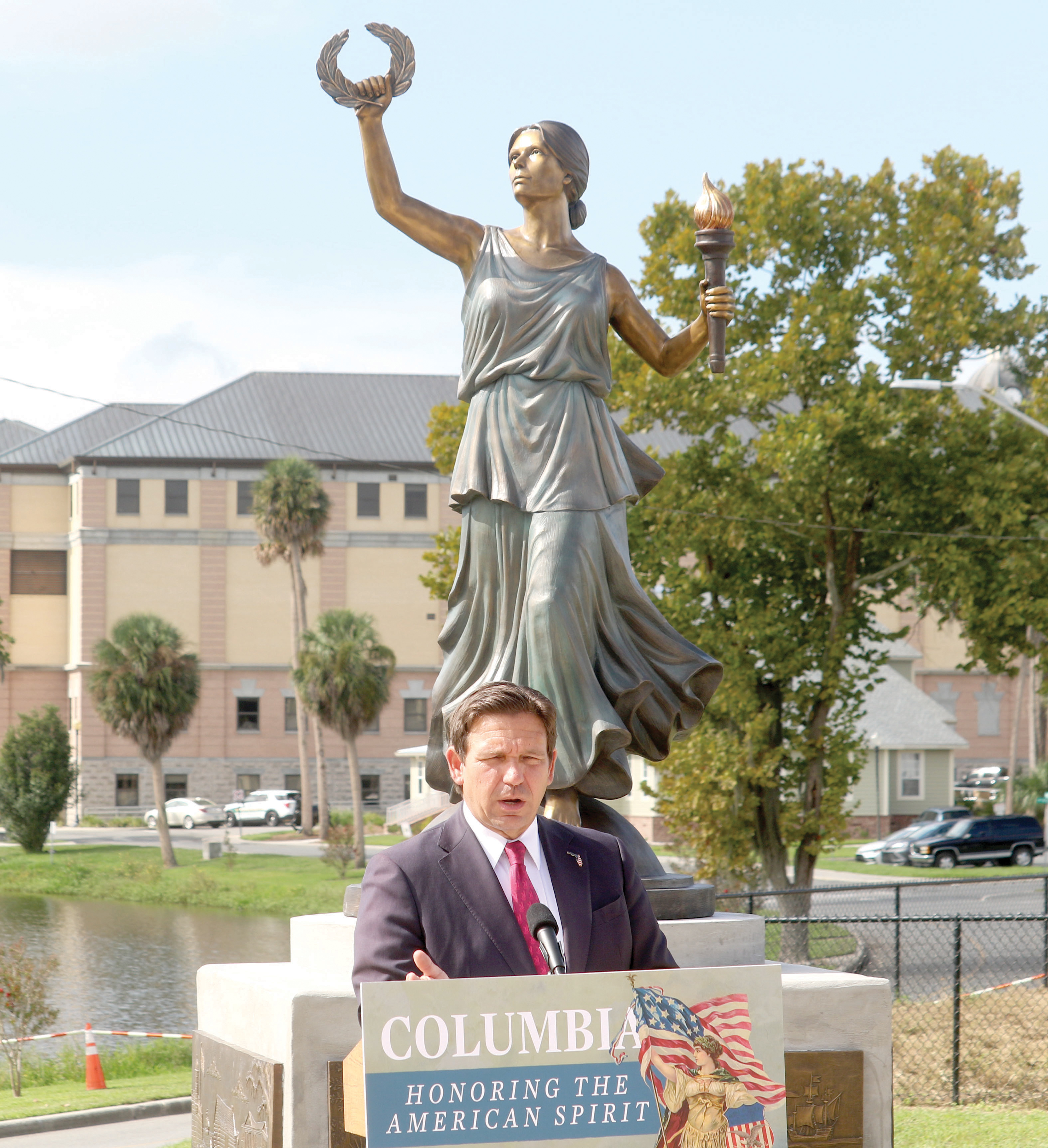 Gov. Ron DeSantis unveiled a statue of Lady Columbia at Darby Pavilion in downtown Lake City on Thursday. DeSantis called Columbia the ‘first national mascot.’ (TONY BRITT/Lake City Reporter)