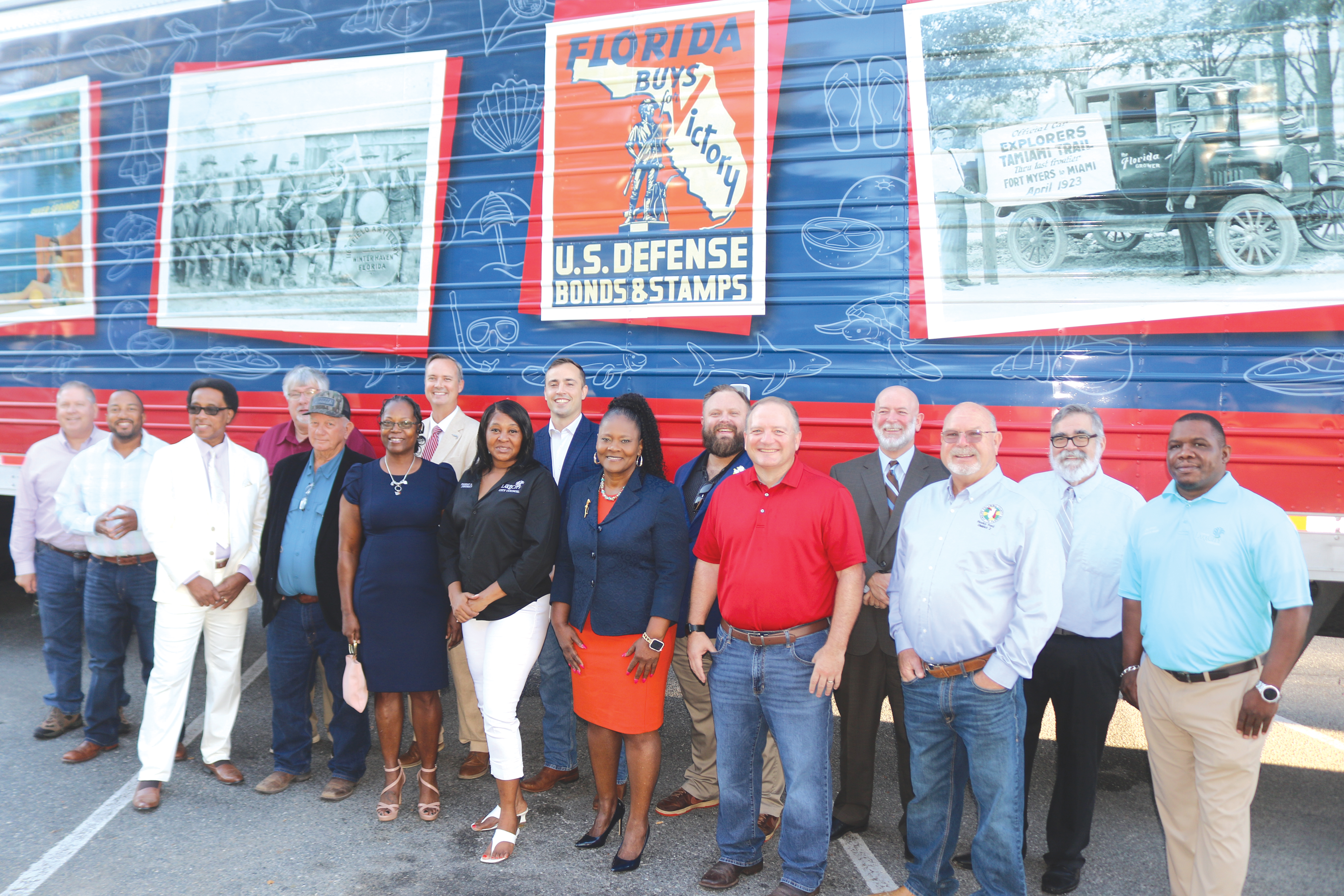 City of Lake City, Columbia County and state officials gather outside the Florida Freedom Tour truck ahead of their own look at the exhibit inside. (TONY BRITT/Lake City Reporter)