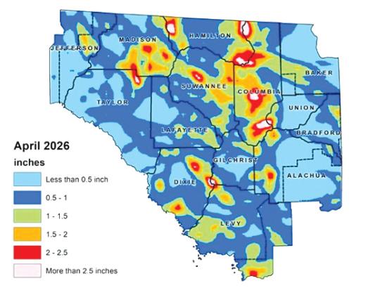 The Suwannee River Water Management District’s Hydrological Conditions Report shows areas of Columbia and Suwannee counties received substantial rainfall in April but are still in heavy drought. (COURTESY SUWANNEE RIVER WATER MANAGEMENT DISTRICT)