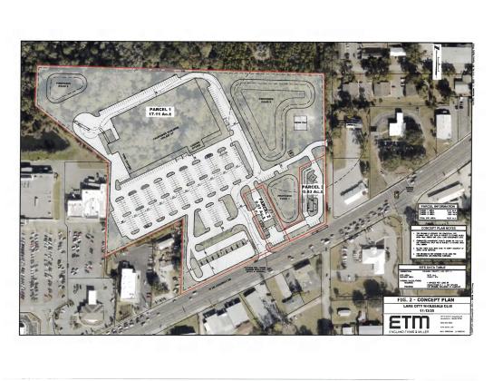 The conceptual plan for the proposed BJ’s Wholesale Club on U.S. Highway 90 next to Publix shows where there would be entrances to the store, which would include a tire center and liquor store, from both U.S. 90 and from Hackney Terrace. The site also would have a pair of out parcels for other retail sales. (COURTESY)
