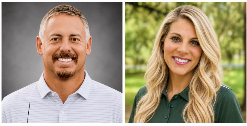 C.J. Proveax (left) has been hired as the men’s golf coach at Florida Gateway College, while Laura Kinsel (right) has been chosen to lead the women’s volleyball team. (COURTESY)
