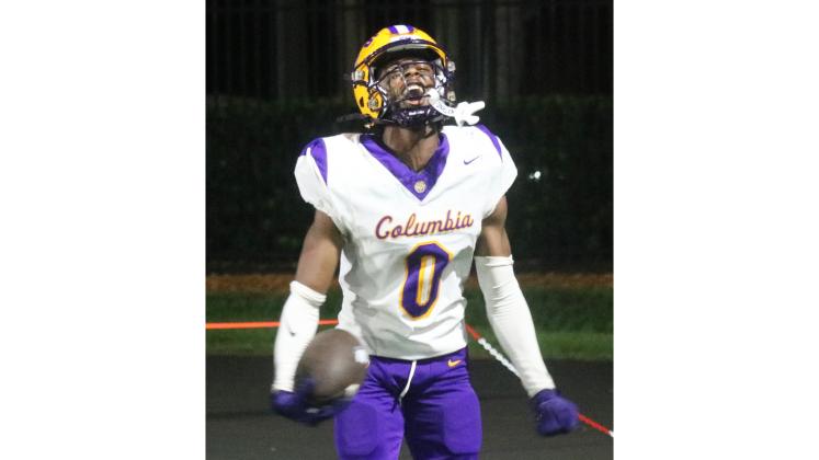 Columbia defensive back Mekah Combs-Turner celebrates after his game-clinching interception against Bolles on Friday. (JORDAN KROEGER/Lake City Reporter)