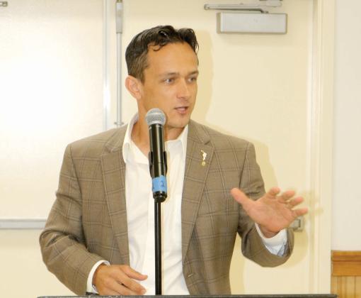 Marshall Rawson, speaking at the Columbia County Republican Party rally last month, won the primary for the Florida House District 10 seat. (FILE)