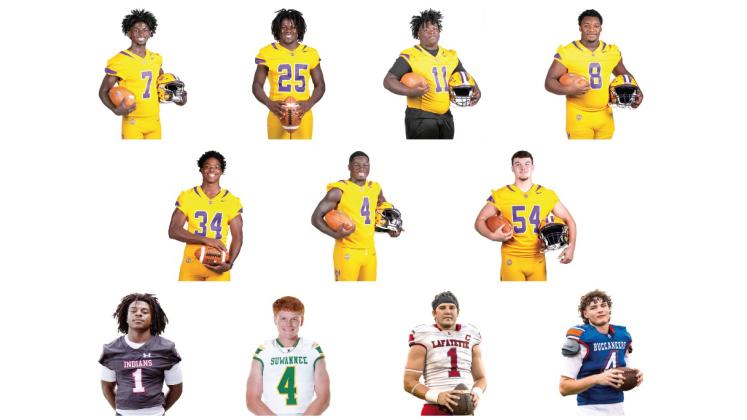 TOP ROW: Columbia WR Kyren Caldwell, Columbia RB Jerome Horne, Columbia DT Jaden McCray, Columbia DT Jaylen Underwood; MIDDLE ROW: Columbia DE Mikel Morgan, Columbia LB Alfonso Curry and Columbia RT Xander Satterfield; BOTTOM ROW: Fort White RB John’l Lawson, Suwannee LB Kyler Hall, Lafayette RB/LB Trevor Byrd and Branford QB Trent Land. (Columbia photos by Jen Chasteen; Fort White photo by Bailey Jones; Suwannee photo by Tammy Johns; Lafayette and Branford photos by Jack Howdeshell)