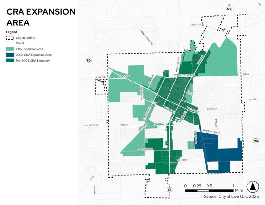 The proposed map of the Live Oak Community Redevelopment Agency district. The light green portion in the northeast section of the city will be removed from the CRA. (FILE)