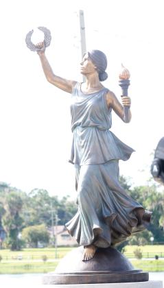 The statue of Lady Columbia in downtown Lake City that was unveiled in late August by Gov. Ron DeSantis as part of the state’s celebration of 250 years of American independence. (TONY BRITT/Lake City Reporter)