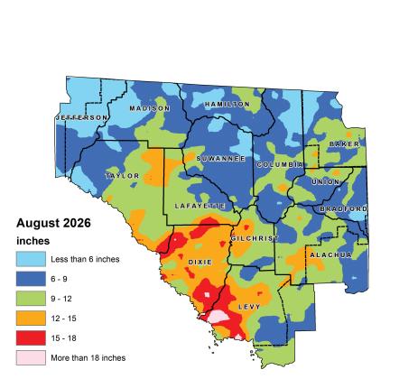 North Florida received 23% more rain than normal in August, including parts of Lafayette County that received between 15-18 inches. (COURTESY SUWANNEE RIVER WATER MANAGEMENT DISTRICT)
