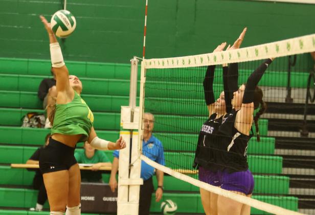 Suwannee hitter Calinn Daniel fires a shot while Columbia hitters Brynn Lester (1) and Langsley Smithy defend on Wednesday. (PAUL BUCHANAN/Lake City Reporter)