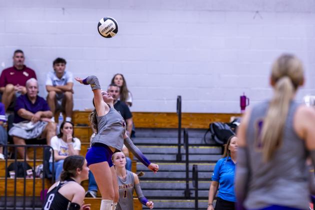 Columbia hitter Elinor Kirsch rises for a shot against Lafayette on Sept. 3. (JACK HOWDESHELL/Lake City Reporter)