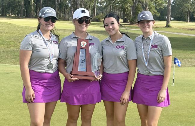 Columbia won the District 2-2A title on Tuesday. Pictured are golfers Mayson Miller (from left), Rayna Hardin, Savannah Douglas and Estella Bauer. (COURTESY)