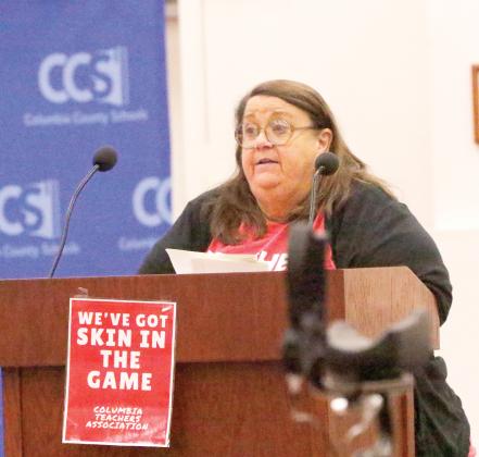 Columbia Teachers Association President Jenee’ Delaney, speaking at a previous Columbia County School Board meeting, told the board on Tuesday that it needs to take care of its employees when it comes to the large insurance increases proposed. (FILE)