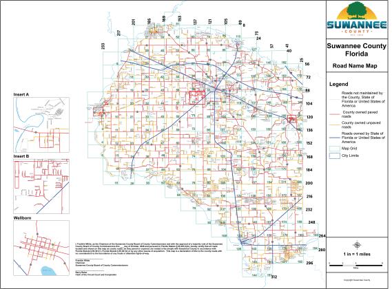 The map of roads in Suwannee County that marks which roads are county owned or maintained and which are not. There are more than 500 roads that the county declared title to Tuesday night. (COURTESY SUWANNEE COUNTY)