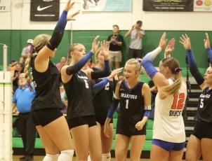 Branford players celebrate after a point against Suwannee on Tuesday. (PAUL BUCHANAN/Lake CityReporter)