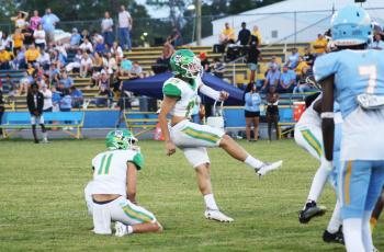 Suwannee kicker Jace Moran knocks through an extra point in 2023. (FILE)