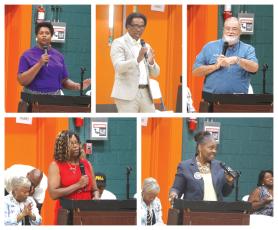 Befaithful Coker (top left, clockwise), Ricky Jernigan and Norbie Ronsonet, all candidates for District 14, speak during Monday's candidate forum at Richardson Community Center. Chevella Young and Jessica Jones also spoke in contention for the District 10 seat. (Photos by MORGAN MCMULLEN/Lake City Reporter)