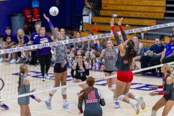 Columbia hitter Meleane Wood fires a shot against Lafayette on Sept. 28. (JACK HOWDESHELL/Lake City Reporter)